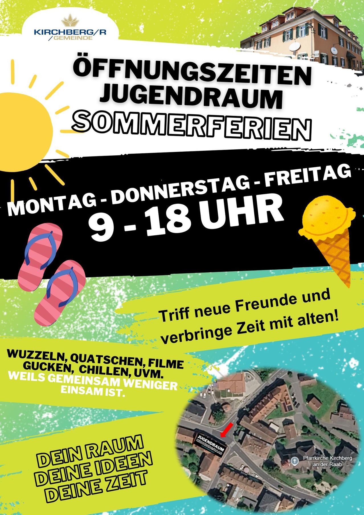 Poster for summer holidays at Jugendraum with activities from 9 to 18, featuring a sun, ice cream, and a map.