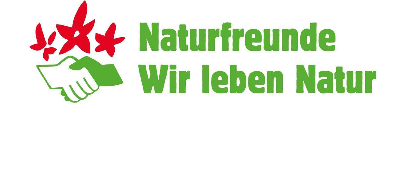 Logo für 'Naturfreunde Wir leben Natur' mit zwei Händen, die ein grünes Blatt und rote Sterne halten.