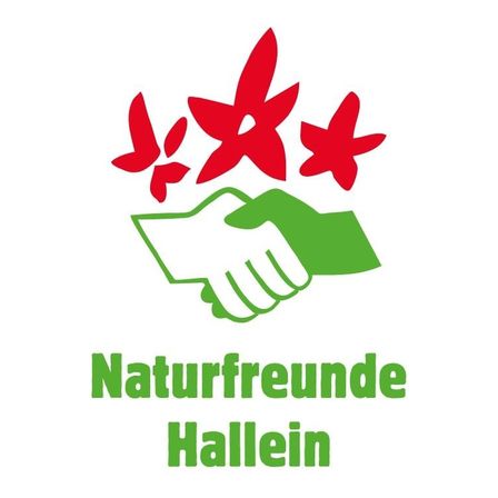 Ein Logo mit zwei Händeschütteln, drei roten Sternen darüber und 'Naturfreunde Hallein' darunter.
