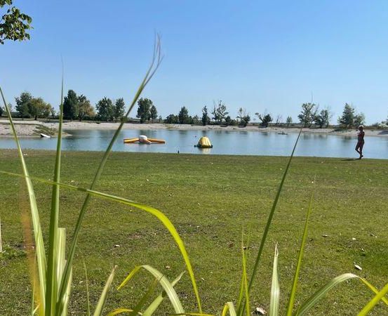 Eine Person geht an einem sonnigen Tag in der Nähe eines Sees mit schwimmenden Spielzeugen, umgeben von Gras und Bäumen.