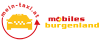Ein schwarzer Hintergrund zeigt ein Logo für mobile Burgenland, mit einem gelben Taxi auf der linken Seite und rotem Text auf der rechten Seite.