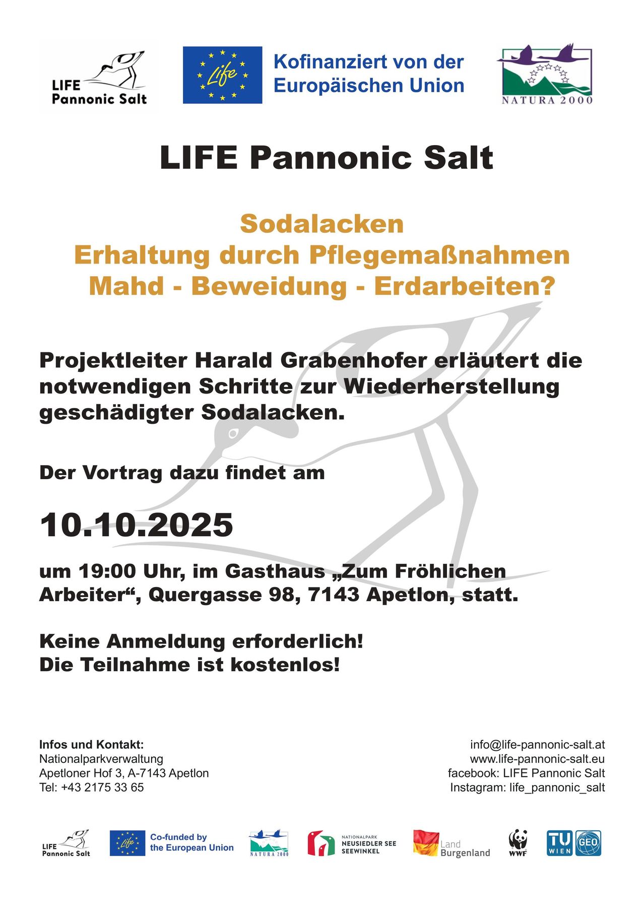 Plakat für einen Vortrag über die Erhaltung beschädigter Sodaseen. Harald Grabenhofer, der Projektleiter, wird die notwendigen Schritte zur Wiederherstellung am 10.10.2025 um 19:00 im Gasthaus Zum Fröhlichen Arbeiter, Quergasse 98, 7143 Apleton erläutern. Keine Anmeldung erforderlich; die Teilnahme ist kostenlos.