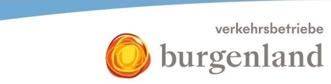 Das Logo der Verkehrsbetriebe Burgenland zeigt eine stilisierte Sonne mit gelbem Zentrum und rotem Außenring, begleitet vom Wort Burgenland in Grau.