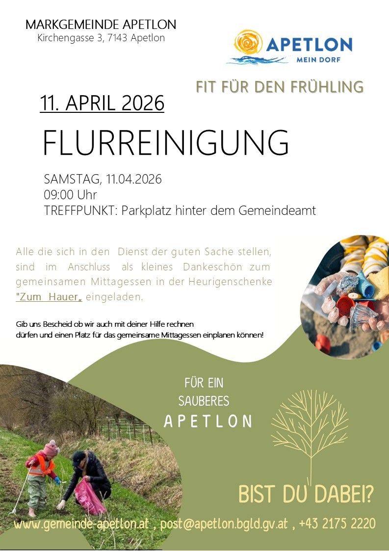 Poster for a spring cleaning event. Scheduled for Saturday, April 11, 2026, starting at 9:00 AM. Meet at the parking lot behind the town hall. All participants are invited to a shared lunch at Zum Hauer.