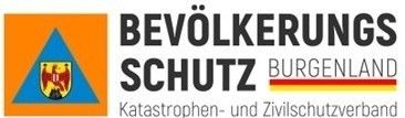Das Logo für 'Bevölkerungs Schutz Burgenland', einen Katastrophen- und Zivilschutzverband. Es zeigt einen Schild mit der deutschen Flagge und einem Wappen.
