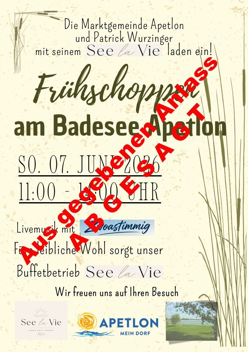 Veranstaltungsplakat für ein Frühstücksbuffet am BadeseeAption am 7. Juni 2026. Zeiten sind von 11:00 bis 14:00 Uhr. Mit Livemusik und Buffet von See la Vie.