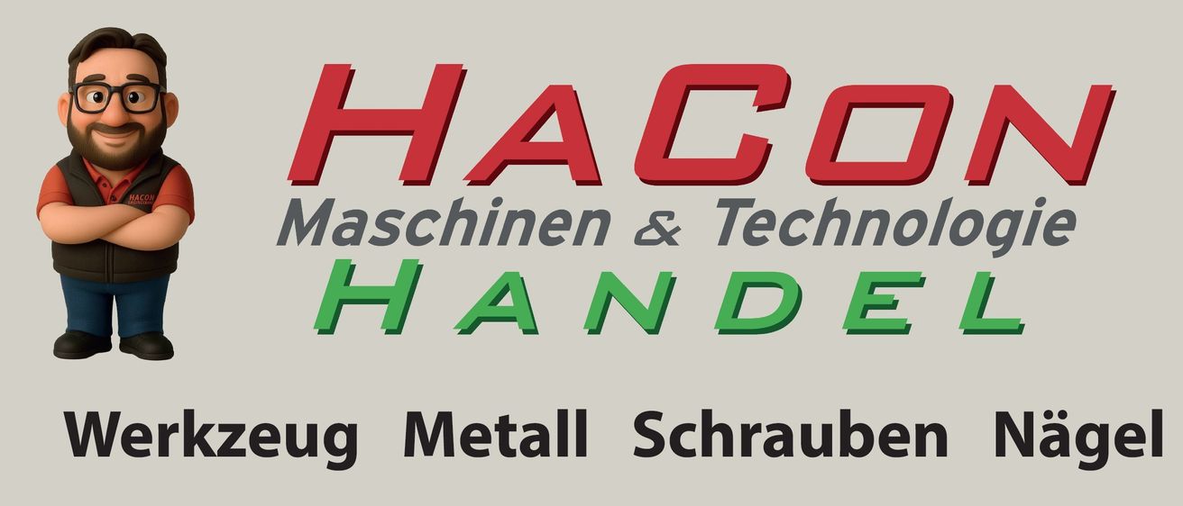 Das Logo für HAC zeigt den Text 'Maschinen & Technik' in Rot und 'HAND' in Grün auf hellgrauem Hintergrund. Darunter steht das Wort 'Schraub' in Schwarz.