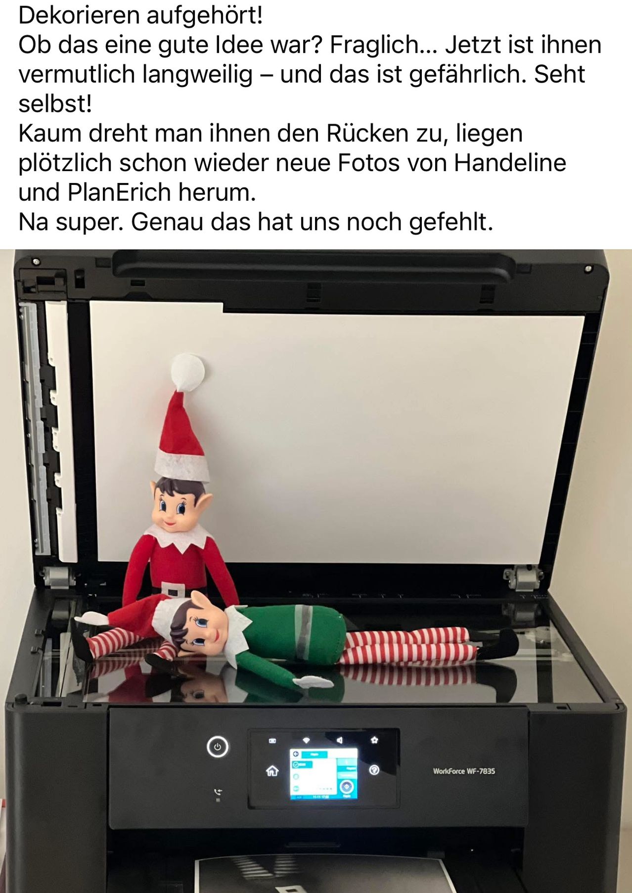 Two elves are in an open printer. One is standing, and the other is lying on the glass bed. It seems they were playing on the printer.