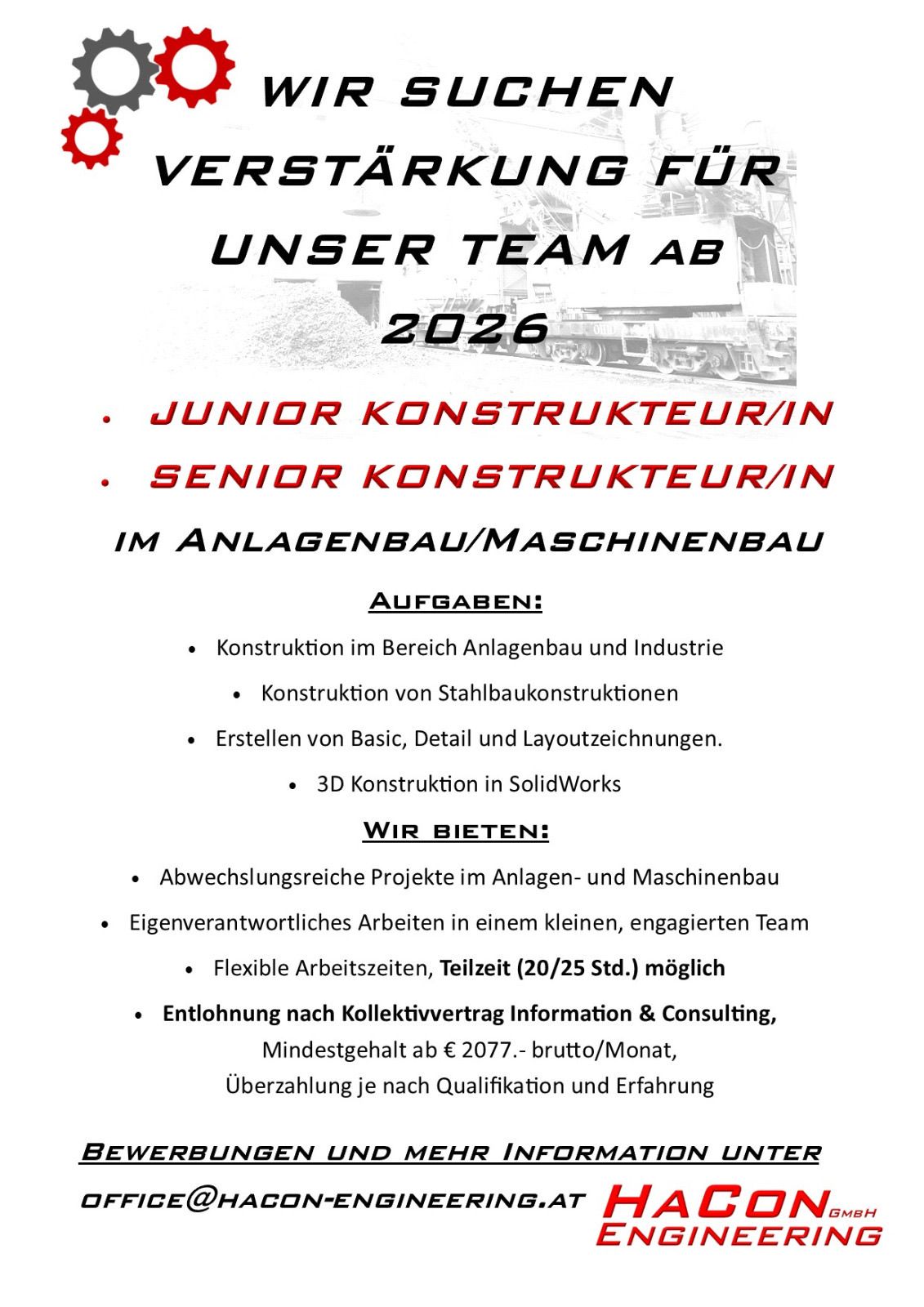 Das Bild ist ein Werbeplakat für Junior- und Senior-Konstrukteure im Anlagen- und Maschinenbau. Es listet Aufgaben und Vorteile auf, darunter Konstruktion im Anlagen- und Industriebereich, Stahlbaukonstruktionen und 3D-Konstruktion in SolidWorks. Zu den Vorteilen gehören Wechselprojekte, flexible Arbeitszeiten und ein Mindestgehalt.