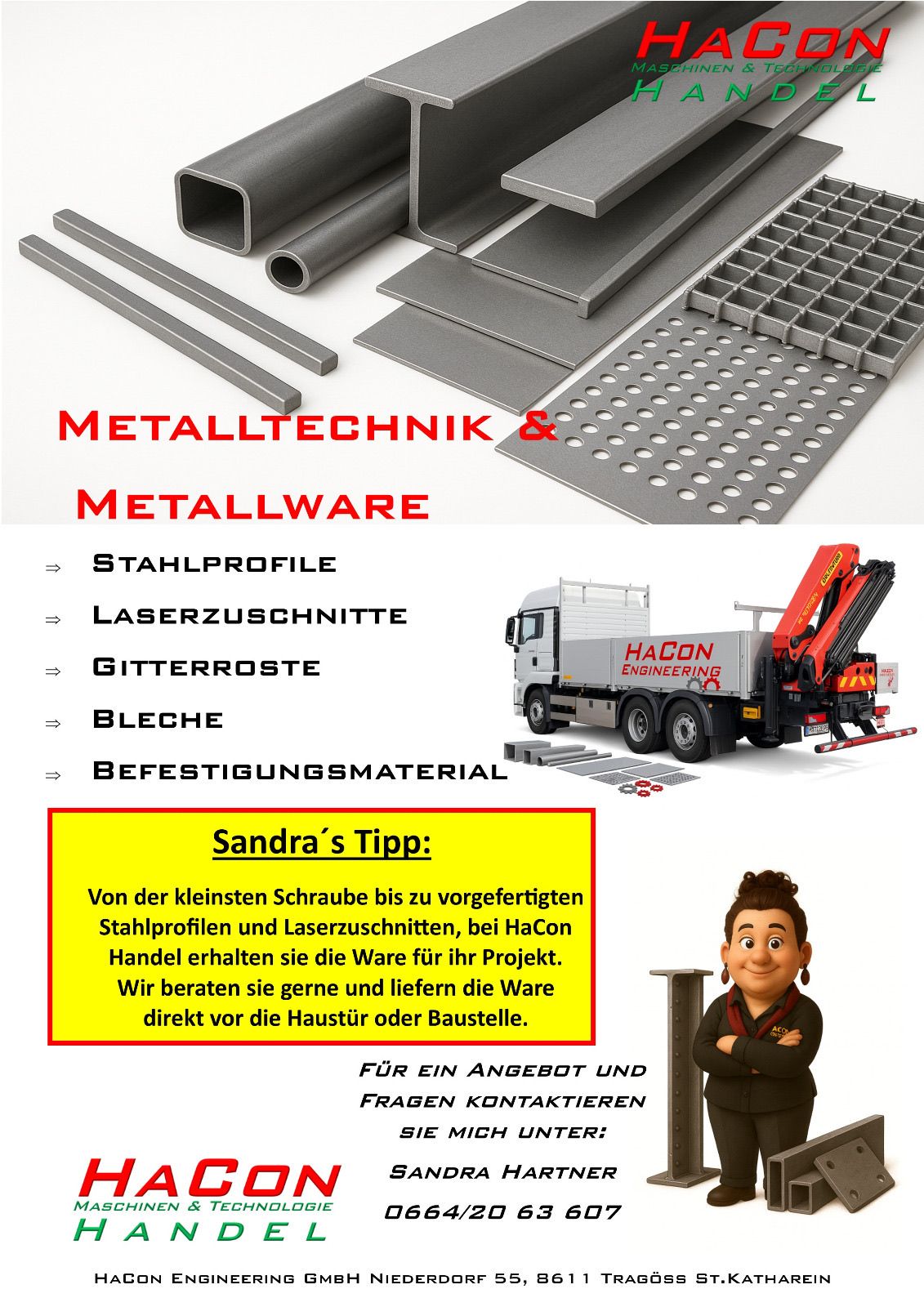 The image displays a catalog for metal technology and metalware products. It includes steel profiles, laser cut sheets, grates, sheets, and fastening materials. A delivery truck is shown, and a woman offers advice on how to get the products.
