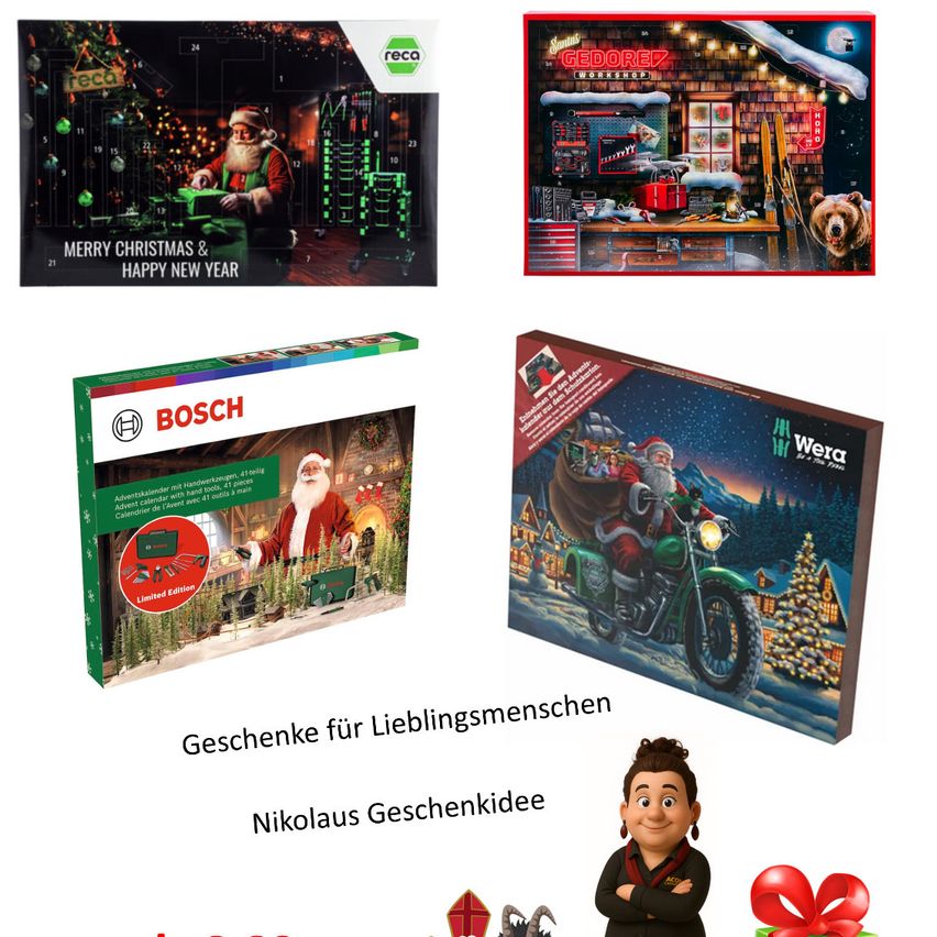 Ein Bild von vier verschiedenen Geschenkprodukten mit dem Weihnachtsmann, Weihnachtsbäumen und anderen festlichen Dekorationen. Das erste Produkt ist ein Kalender mit dem Weihnachtsmann. Das zweite Produkt ist eine Gedore-Werkstatt. Das dritte Produkt ist ein Bosch-Geschenkset. Das vierte Produkt ist ein Wera-Geschenkset.