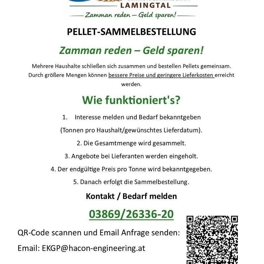 The image is an advertisement for a pellet order service. It encourages multiple households to join forces for better prices and delivery costs. A QR code and email address are provided for inquiries. The process involves reporting interest, gathering total quantities, receiving offers, determining the final price, and finalizing the order. Contact details are also provided.