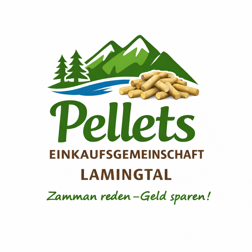 Logo for Pellets Einkaufsgemeinschaft Lamintal featuring a pile of wood pellets, a river, and mountains with trees. The text reads, 'Together talk - Save money!'.