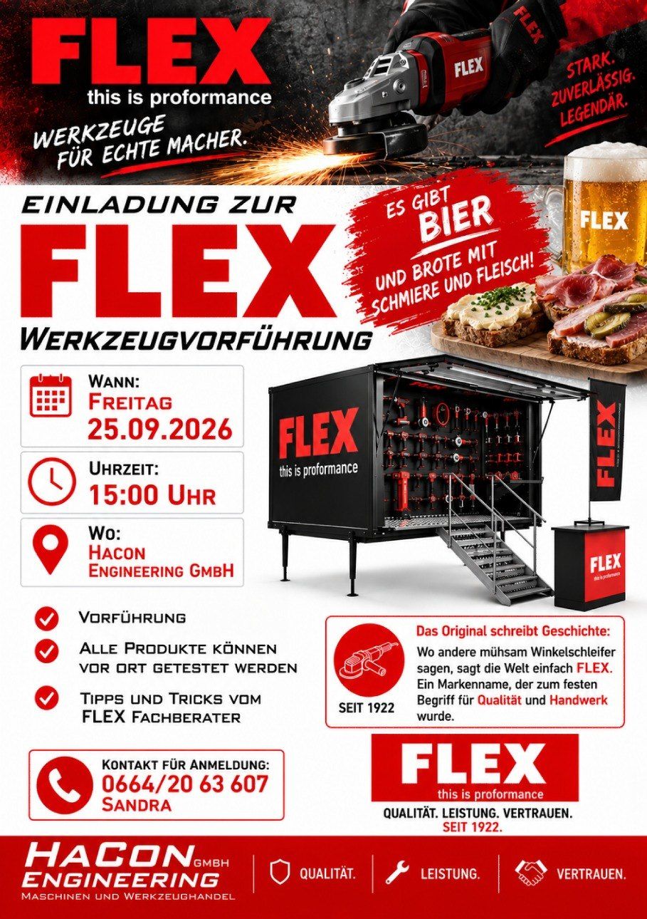 An advertisement for FLEX tool demonstration event on 25.09.2026 at 15:00. The poster features a black FLEX tool trailer with stairs, a beer, and food on a cutting board. The event is hosted by Hacon Engineering GmbH.