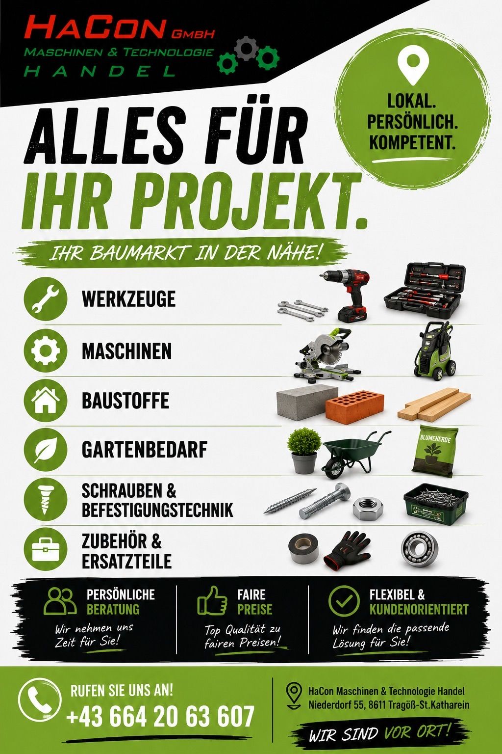 Plakat mit 'Alles fur Ihr Projekt', das verschiedene Werkzeuge, Materialien und Geräte in Kategorien wie 'Werkzeuge', 'Maschinen', 'Baustoffe' und 'Ersatzteile' zeigt und personalisierte Beratung und wettbewerbsfähige Preise betont.