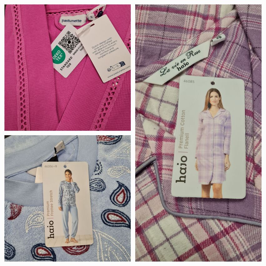 Ein Collage von vier Kleidungsstücken: ein rosa Spitzen-Top, ein lila kariertes Pyjama-Set, ein blaues Paisley-Pyjama-Set und ein Etikett für 'haio'. Jedes Stück hat ein angebrachtes Schild, wobei das 'haio'-Schild eine Frau im Pyjama zeigt.