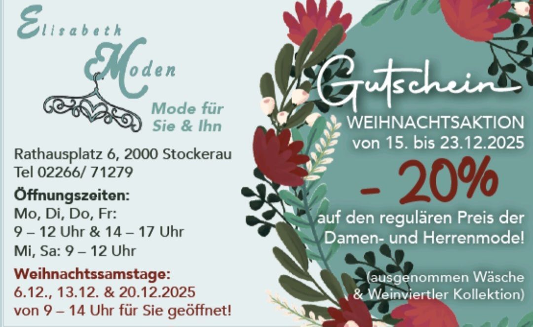 Plakat für den 'Moden'-Laden. Bietet Mode für Sie und Ihn an. Geöffnet vom 15. bis 20. Dezember. Geschlossen am 12. und 20. Dezember 2025 und in Weinviertel.