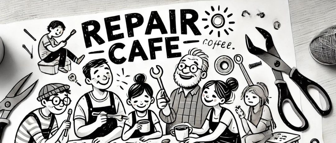 Das Poster zeigt eine Gruppe von Menschen, die um einen Tisch mit Tassen und einer Nähmaschine sitzen, mit Text auf Deutsch und QR-Codes.