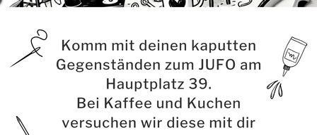Poster for repair event. Date: March 7, 2026, 10:00-12:00. Location: Hauptplatz 39. Join with broken items, coffee and cooking included. QR code for registration.