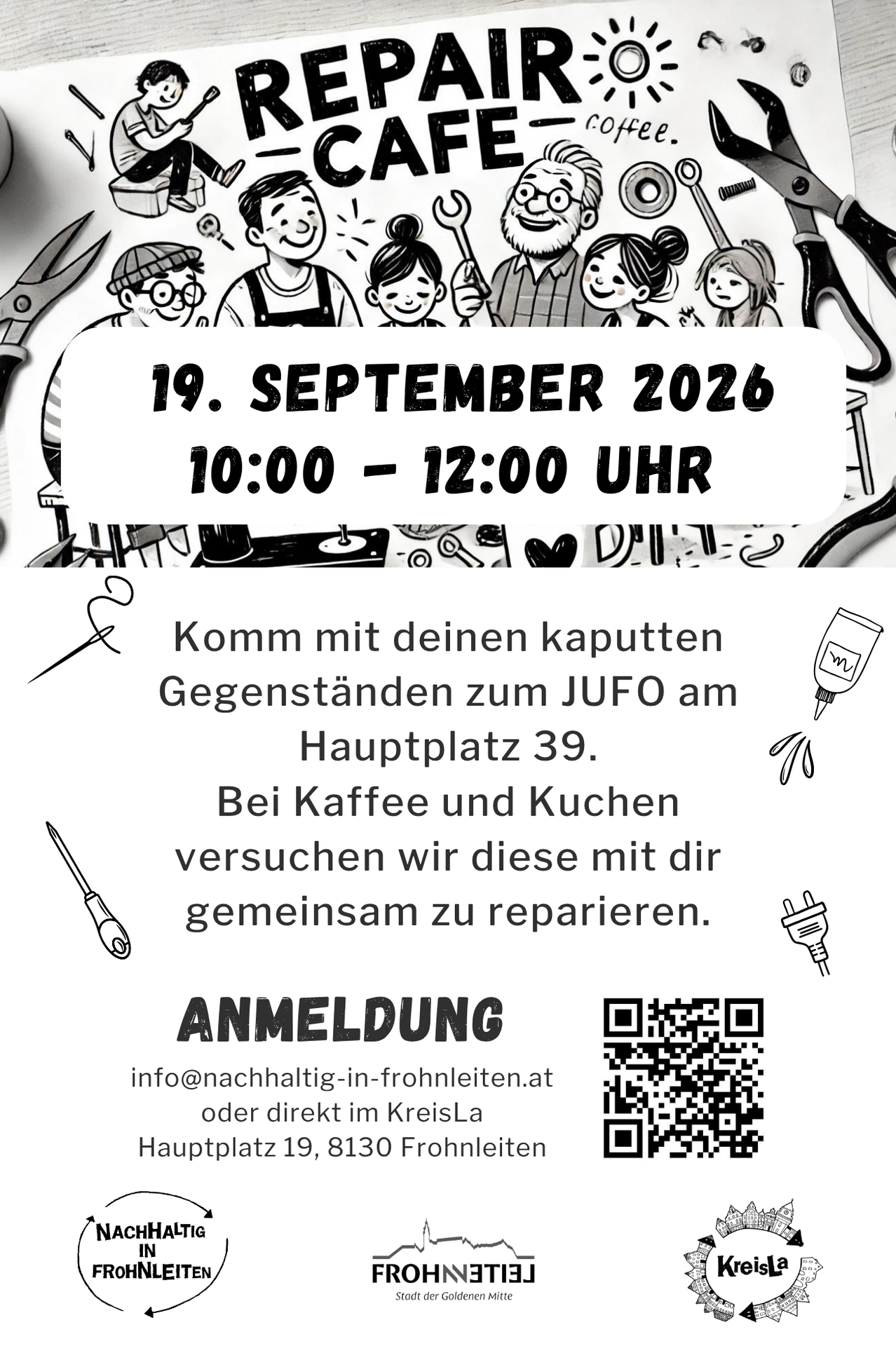 Poster for a repair workshop on September 19, 2026, from 10:00 to 12:00 at Hauptplatz 39. Join with broken items to repair them together over coffee and cake.