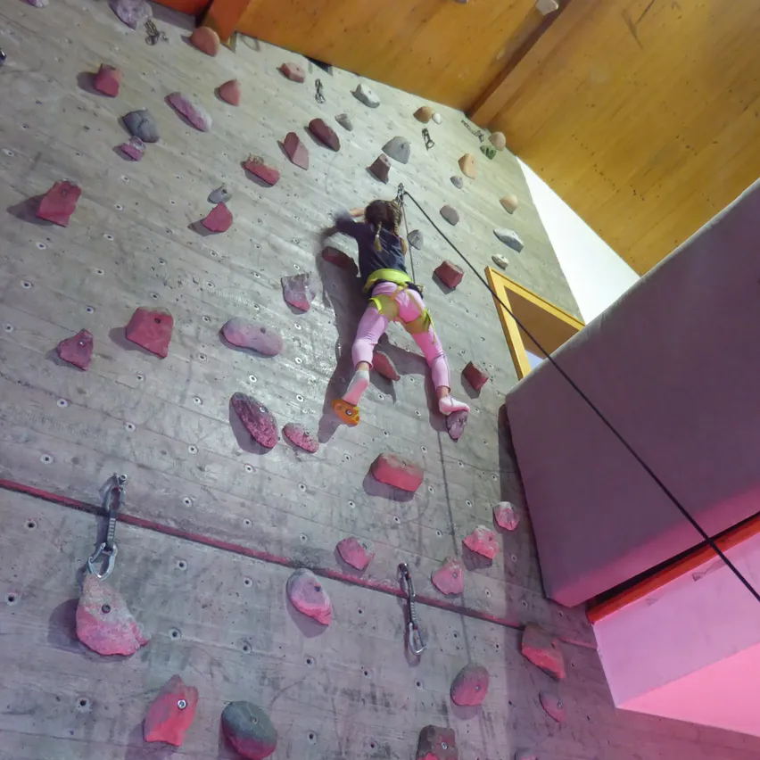 Ein junges Mädchen klettert an einer Kletterwand mit verschiedenen farbigen Steinen und trägt einen Klettergurt. Sie hält sich mit ihren Händen an einem Seil und einem Stein fest.