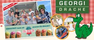 Eine Collage von Fotos zeigt Menschen, die Eis essen, eine Ziege, eine Hüpfburg und Weingläser. Die Collage ist für Georg Drach, einen neuen Eis-Dealer.
