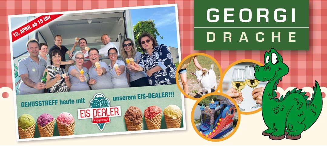 Eine Collage von Fotos zeigt Menschen, die Eis essen, eine Ziege, eine Hüpfburg und Weingläser. Die Collage ist für Georg Drach, einen neuen Eis-Dealer.