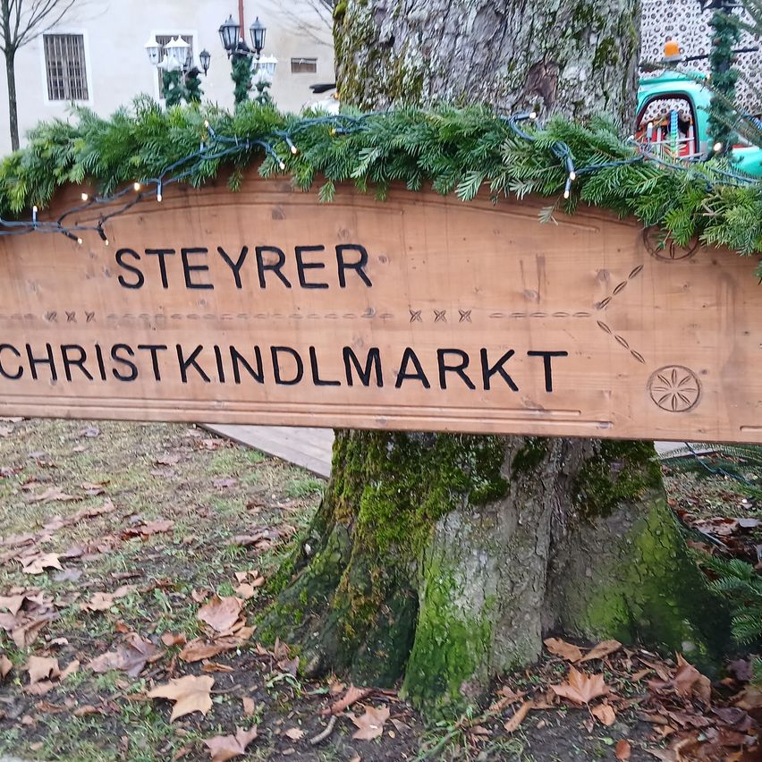 Ein Holzschild mit einem Weihnachtskranz, beleuchtet, steht auf einem Baumstamm. Es steht 'Steyrer Christkindlmarkt'. Der Boden ist mit gefallenen Blättern bedeckt.
