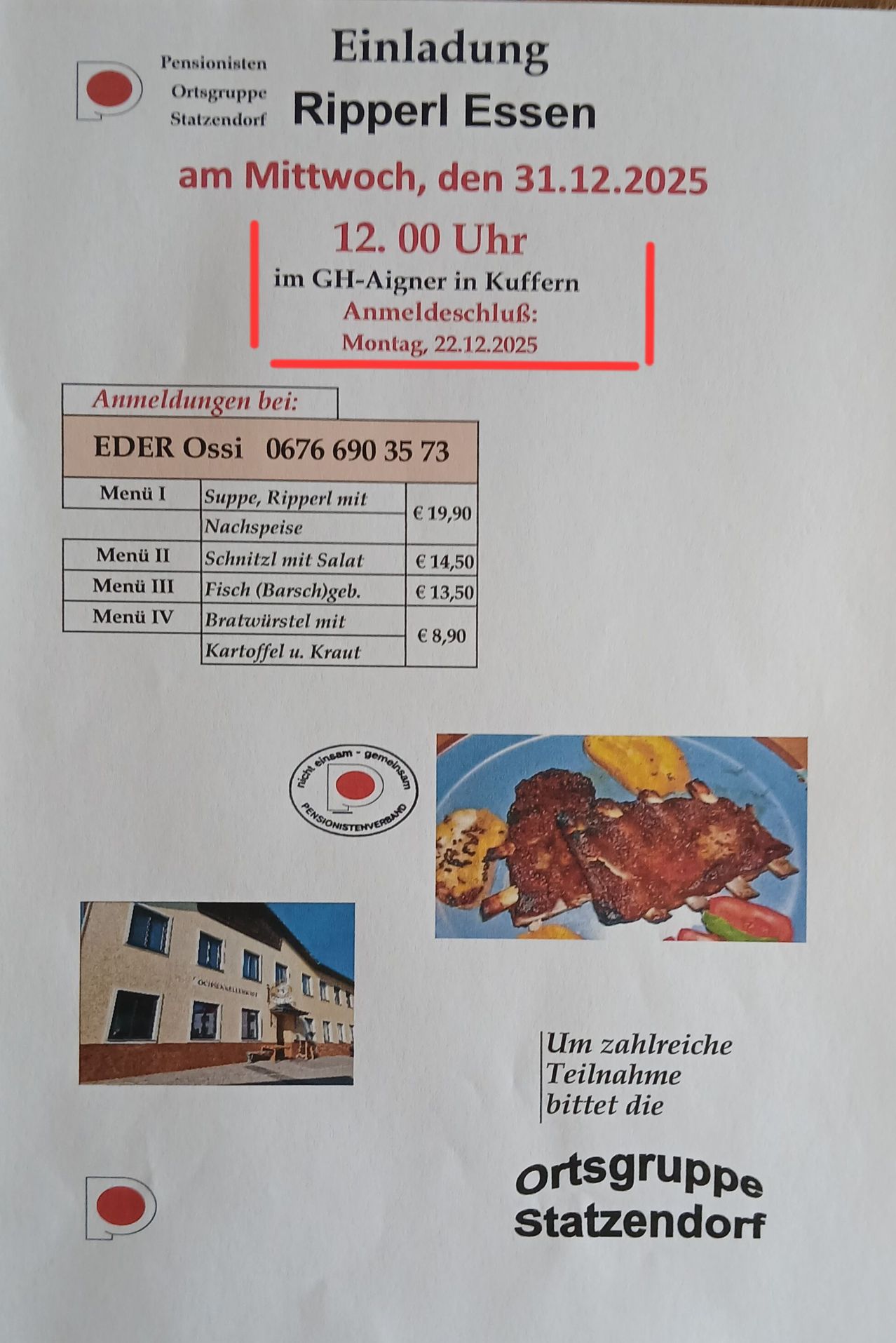 Menüs für den 22.12.2025 um 12:00 Uhr im GH-Aigner in Kuffner. Menü I: Suppe, Rippel mit Nachspeise, €19,90. Menü II: Schnitzel mit Salat, €14,50. Menü III: Fisch (Barschgeb.), €13,50. Menü IV: Bratwurstel mit Kartoffel u. Kraut, €8,90. Ein Foto des Gebäudes und eines Gerichts ist abgebildet.