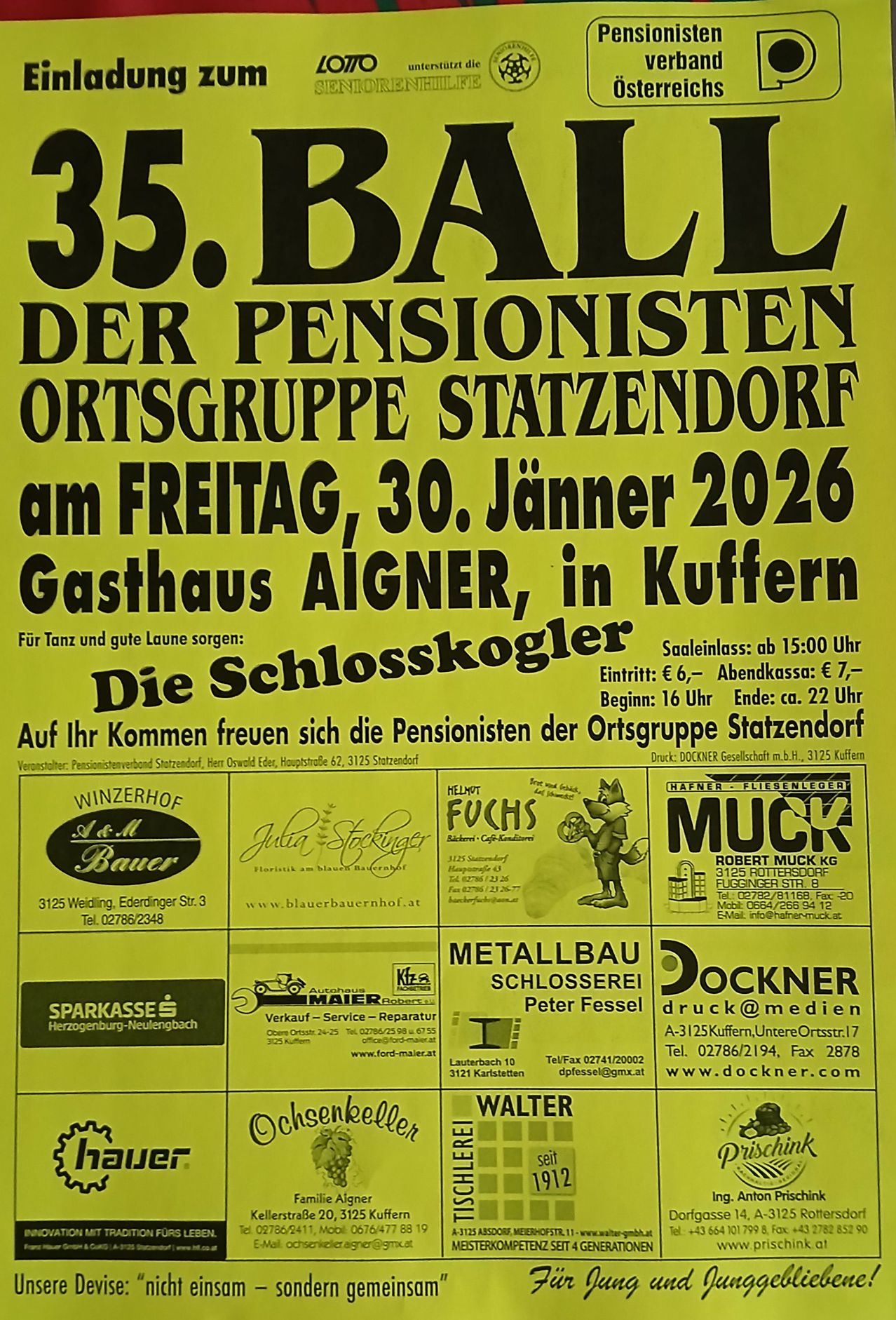 Ein Plakat für den 55. Jahrestag der Pensionisten-Ortsgruppe Statzendorf, am Freitag, 30. Jänner 2026, im Gasthaus Aigner in Kuffstein. Eintrittspreise sind aufgeführt, und die Veranstaltung beginnt um 16 Uhr und endet gegen 22 Uhr. Sponsoren und Sponsoren werden erwähnt.