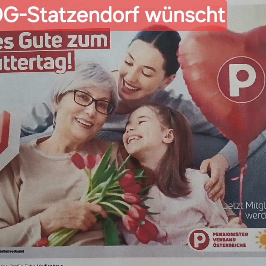 Postkarte mit einer älteren Frau und einem Mädchen, Blumen haltend, lächelnd. Der Text lautet 'OG-Stazendorf wünscht einen schönen Muttertag!' mit einem roten Herzballon.