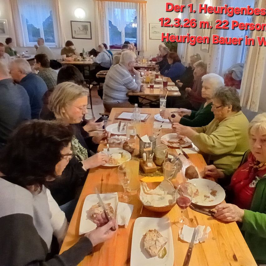 Eine Gruppe älterer Menschen sitzt um einen Tisch herum, isst und trinkt Wein. Der Tisch hat Teller, Weingläser und Essen. Einige von ihnen tragen Brillen. An der Wand hängt ein Bilderrahmen. Der Text ist auf Deutsch geschrieben.