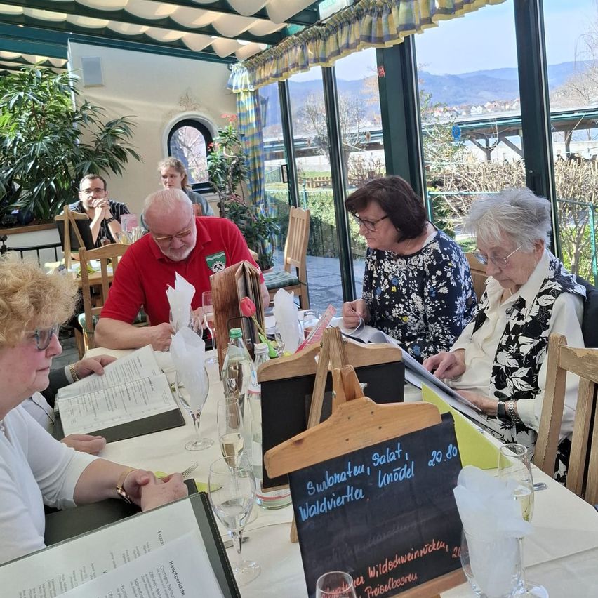 Eine Gruppe älterer Erwachsener sitzt in einem Restaurant an einem Tisch und liest die Speisekarte. Eine Frau mit Brille lächelt, und andere konzentrieren sich auf ihre Speisekarten. Der Tisch ist mit Weingläsern, einer Flasche und einer Tafel mit der Speisekarte gedeckt.