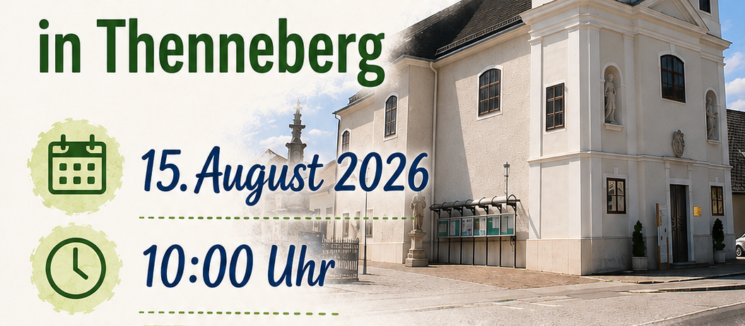 Plakat für ein Familienfest in Thennberg am 15. August 2026 um 10:00 Uhr mit einer Kirche, Kräutern und einer Kaffeetasse.