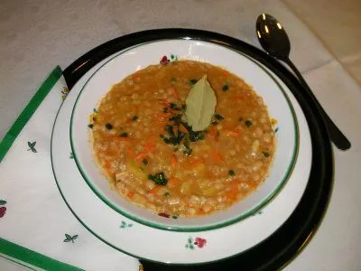 Eine Schüssel Linsensuppe mit Karotten und Kräutern auf einem blumengemusterten Teller, begleitet von einem Löffel und einem Servietten.