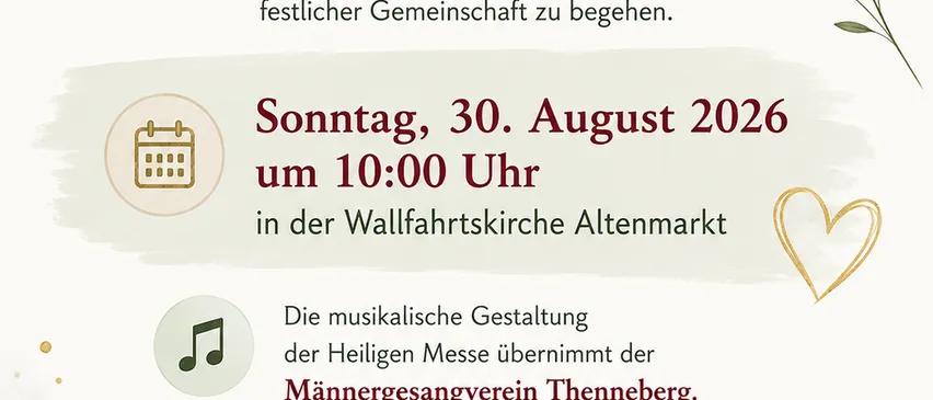 Poster für eine Hochzeitsjubiläumsfeier im Jahr 2026, mit Herz, Kalendersymbol, Musiknote und Weinglassymbol. Der Text ist auf Deutsch.