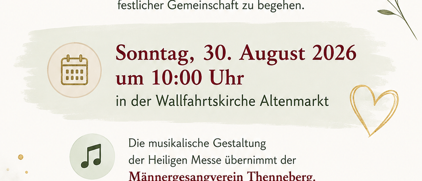 Poster für eine Hochzeitsjubiläumsfeier im Jahr 2026, mit Herz, Kalendersymbol, Musiknote und Weinglassymbol. Der Text ist auf Deutsch.