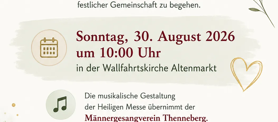 Poster für eine Hochzeitsjubiläumsfeier im Jahr 2026, mit Herz, Kalendersymbol, Musiknote und Weinglassymbol. Der Text ist auf Deutsch.