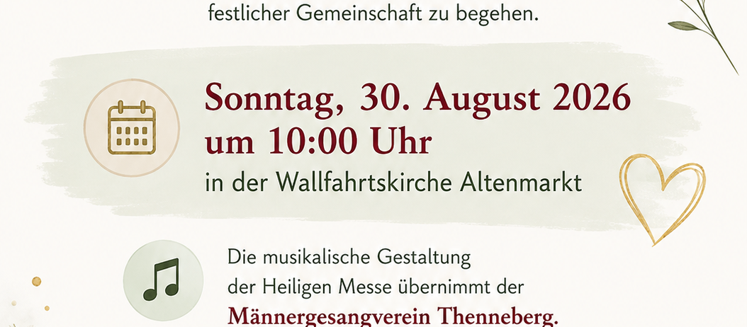 Poster für eine Hochzeitsjubiläumsfeier im Jahr 2026, mit Herz, Kalendersymbol, Musiknote und Weinglassymbol. Der Text ist auf Deutsch.