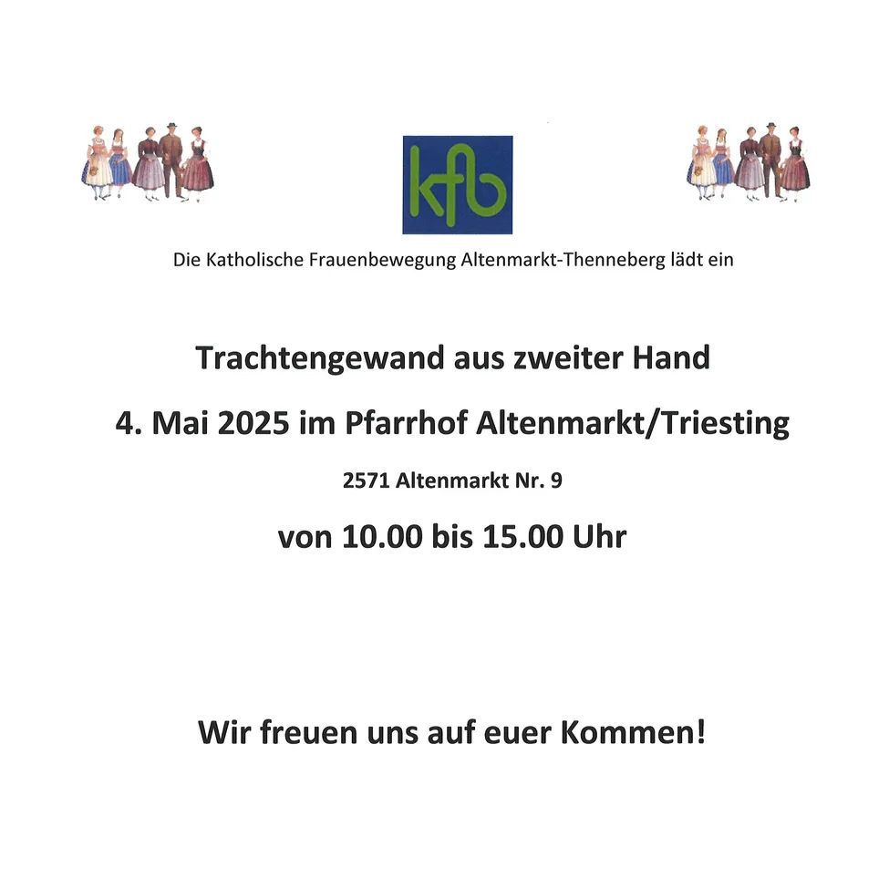 Plakat für einen Second-Hand-Kleidermarkt der Katholischen Frauenbewegung Altenmarkt-Thenneberg. Die Veranstaltung findet am 4. Mai 2025 von 10:00 bis 15:00 Uhr im Pfarrhof in Altenmarkt/Triesting, Adresse 2571 Altenmarkt Nr. 9, statt.