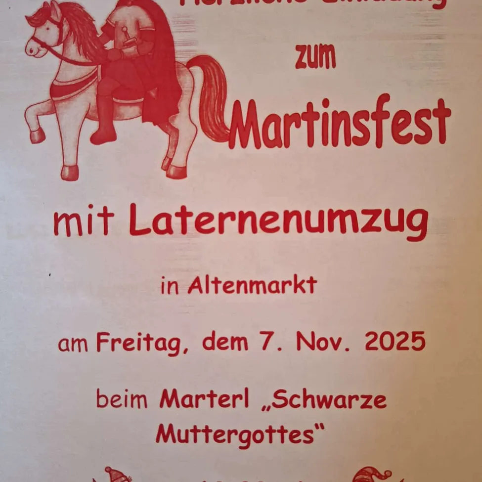 Plakat für das Martinsfest mit Laternenumzug in Altenmarkt am Freitag, 7. November 2025, beim Marterl 'Schwarze Muttergottes'. Zeigt einen Ritter auf einem Pferd.