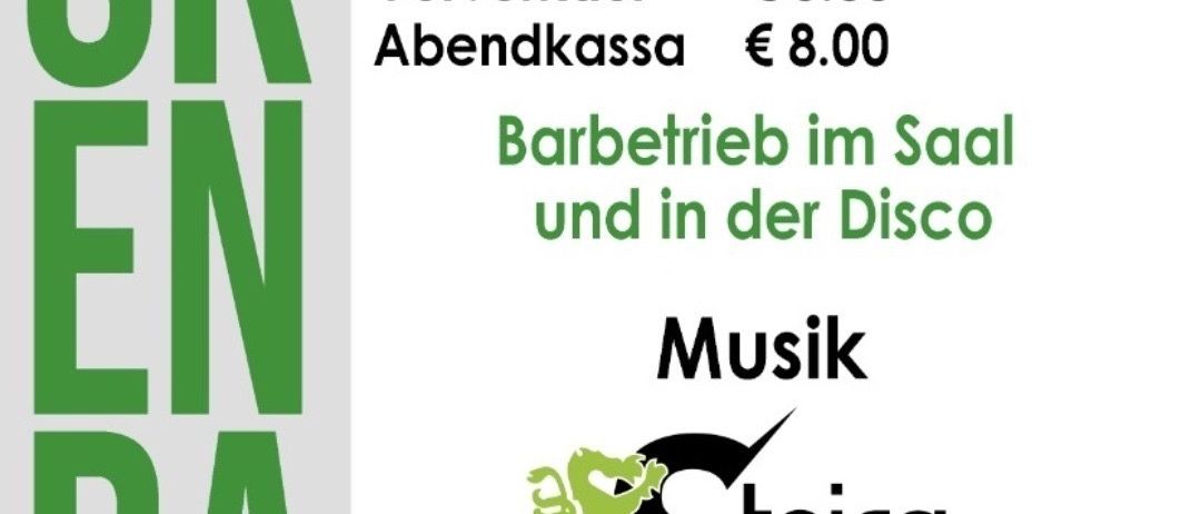Plakat für einen Maskenball am 14. Februar 2026 im Gemeinde & Kulturzentrum Rabenstein. Veranstaltungsdetails umfassen Treffen um 20:00 Uhr, Ticketpreise, Barbetrieb und Musik von Steir'n.