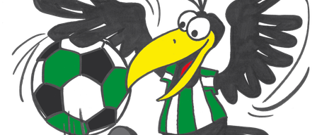 Eine Comic-Krähe mit einem grün-weiß gestreiften Shirt und einem gelben Schnabel, die einen Fußball tritt.