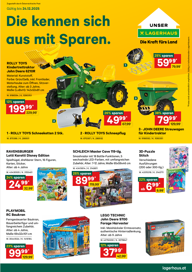 Werbung für Spielzeugfahrzeuge. Beinhaltet einen Rolly Toys Kindertraktor, John Deere Schneepflug und Schleich Master Cave 119-1g. Enthält reduzierte Preise und Sparprozentsätze.