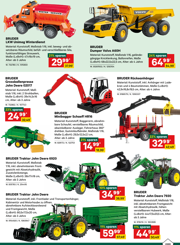 Werbung für Bruder Baufahrzeuge. Merkmale Bruder LKW Unimog Winterdienst, Bruder Dumper Volvo A60H, Bruder Grossballenpresse John Deere 02017, Bruder Minibagger Schäff HR16, Bruder Traktor John Deere 6920, Bruder Traktor John Deere und Bruder John Deere 7930. Spezifikationen und Preise aufgeführt.