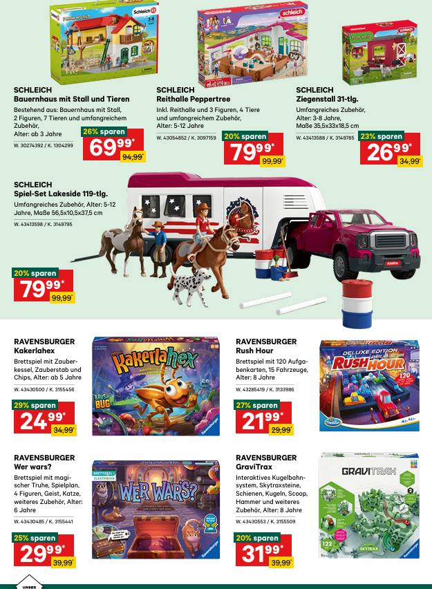Werbung für Schleich Bauernhofsets und Ravensburger Spiele mit Rabatten. Beinhaltet Bauernhofsets wie Reithalle Peppertree und Ziegenstall 31-tlg. Altersgruppe 3-8 Jahre. Ravensburger Spiele umfassen Rush Hour, Kakelalex und GraviTrax. Ab 8 Jahre. Preise reduziert um 20-29%.