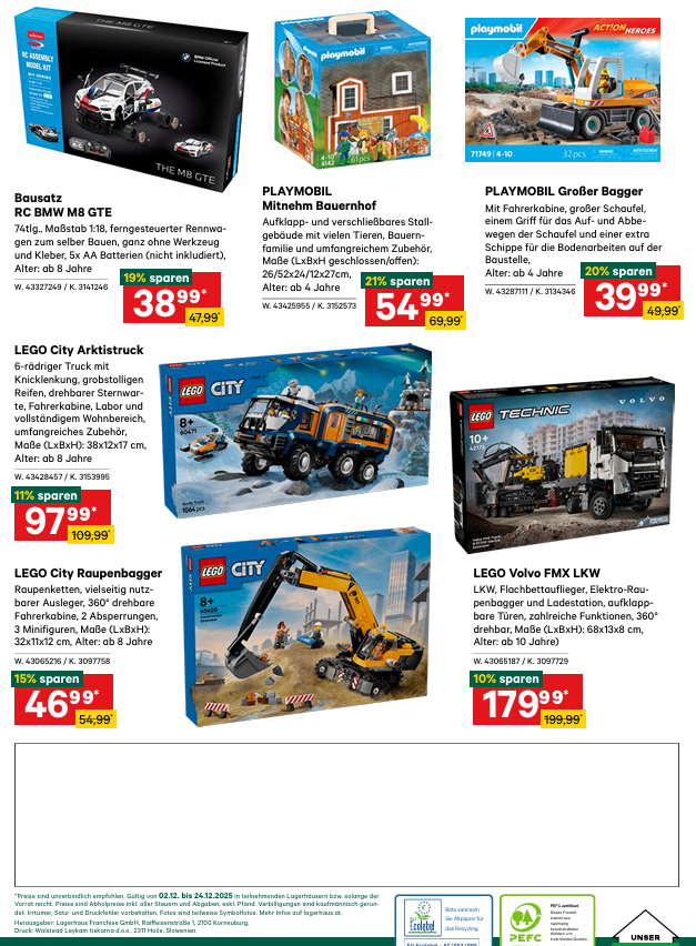 Werbeanzeige für Bausatz RC BMW M8 GTE mit 19% Rabatt. Aus Kunststoff, Maßstab 1:18. Batteriebetrieben, inklusive 6 AA Batterien. Ab 8 Jahren. Lego City Sattelschlepper mit 11% Rabatt. Beinhaltet einen LKW, Anhänger und Ladefläche. Ab 4 Jahren. Lego City Raupenbagger mit 15% Rabatt. Beinhaltet einen Bagger, Figuren und Bauelemente. Ab 8 Jahren. Lego Volvo FMX LKW mit 10% Rabatt. Beinhaltet einen LKW, Anhänger und mehrere Funktionen. Ab 10 Jahren.