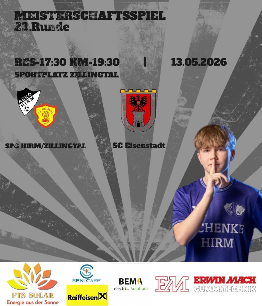 Fußballspiel zwischen RES und KM in Zillingtal. Geplant für 13.05.2026, Zeiten sind 17:30 und 19:30. Mit Teams ASKÖ HIRMI und SC Eisenstadt.