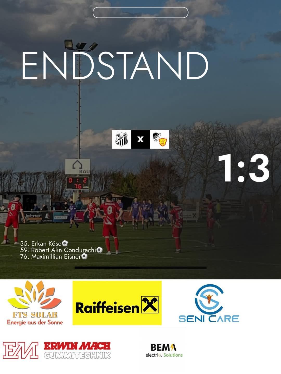 Das Endergebnis des Fußballspiels zeigt 1:3. Spieler in roten Trikots stehen auf dem Feld, mit Teamlogos unter dem Ergebnis.