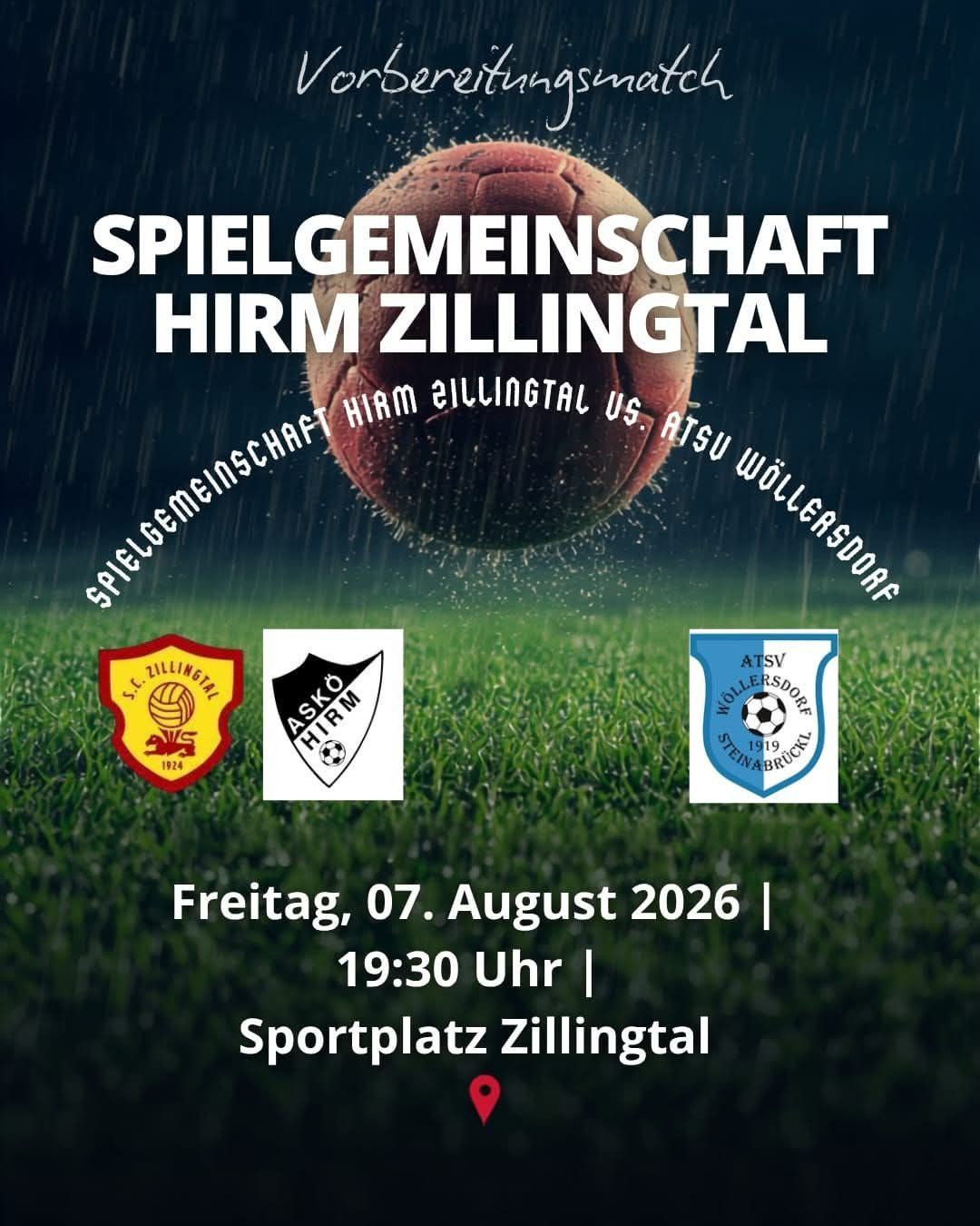 Plakat für ein Fußballspiel in Zillingtal mit einem Fußball, Teamlogos und Veranstaltungsdetails.